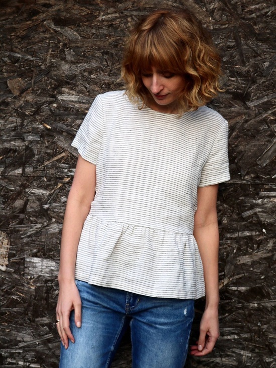 Offon Tops - OFFON Clothing medium weight linen beige white striped top ruffle blouse size M